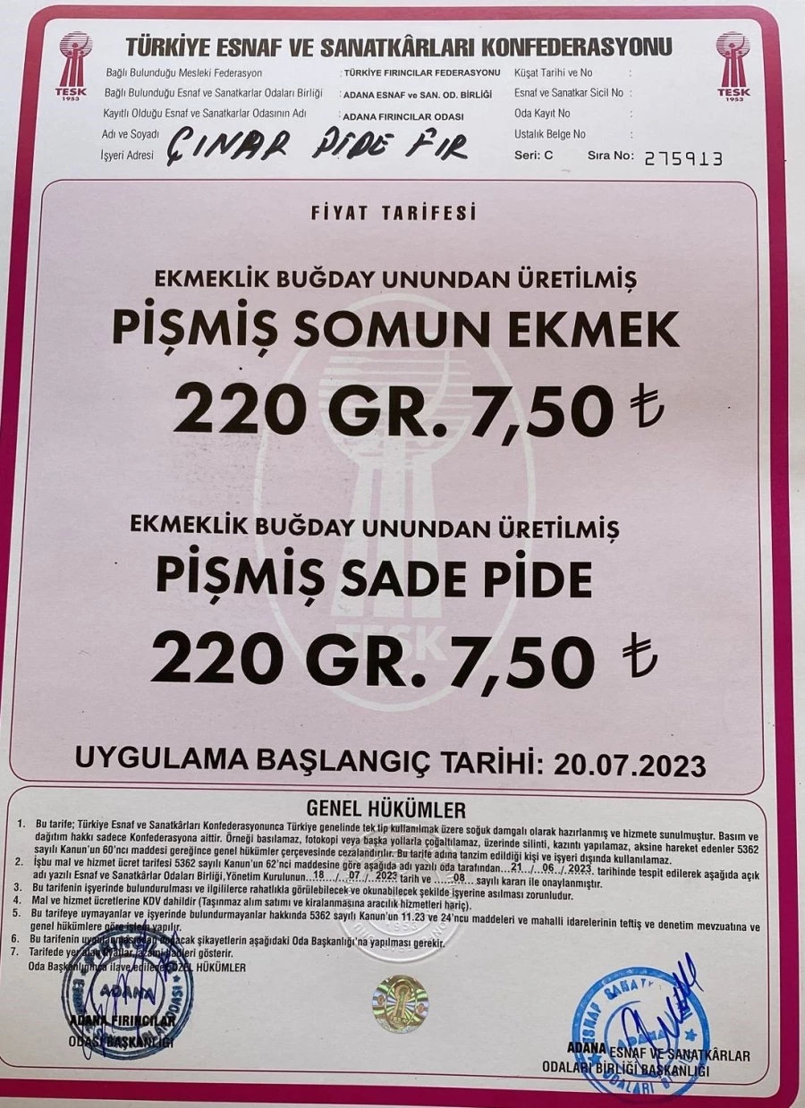  Ekmek Adana’da 20 Temmuz’dan itibaren 7.5 lira 